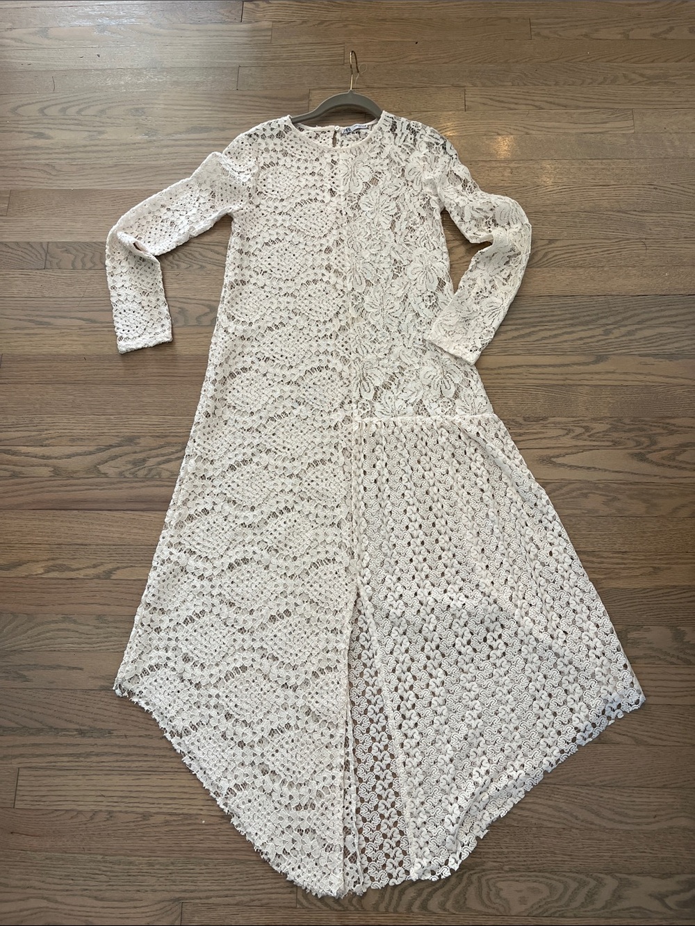 Zara ivory  Crochet Lace Maxi Dress with front slit - Long Sleeve